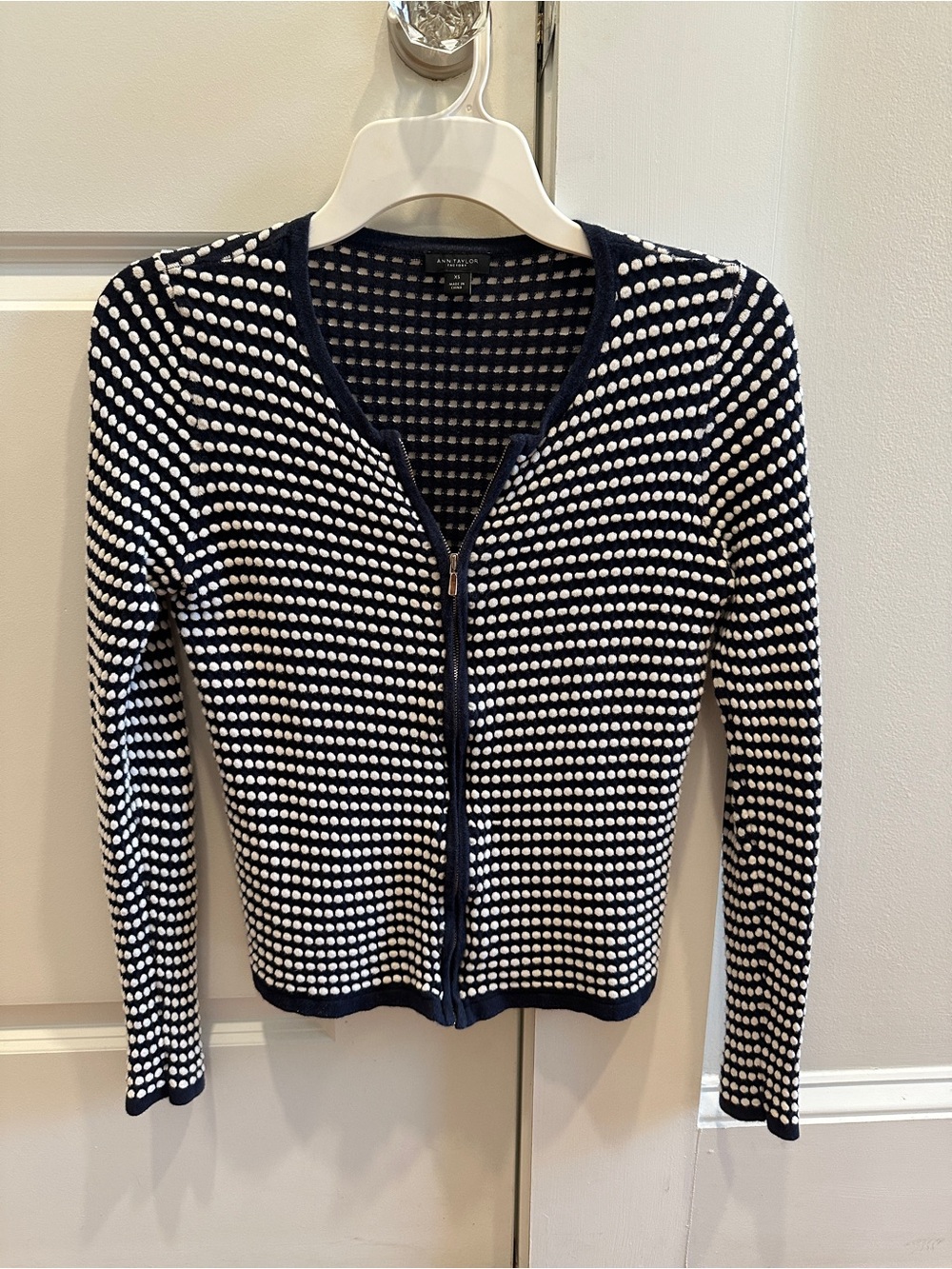 Ann Taylor Navy and White Dot Zip-Front Sweater XS